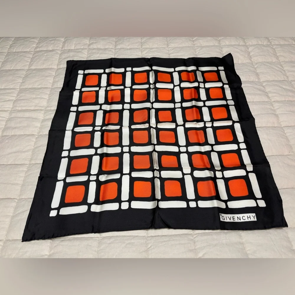 Vintage GIVENCHY Scarf - 100% Silk Orange & Black Block Scarf Saks Fifth Avenue